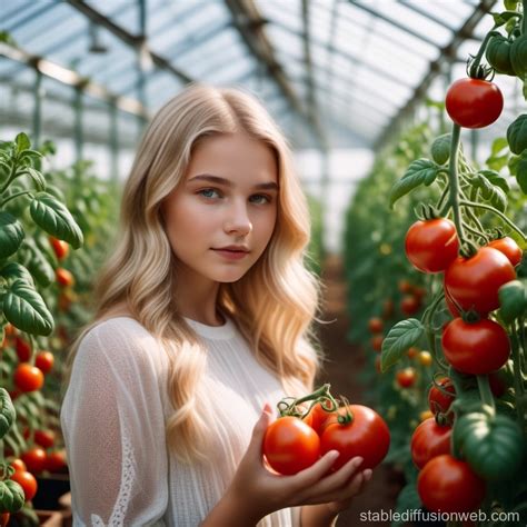 Blonde Teen with Tomato Plants in Greenhouse | Stable Diffusion Online