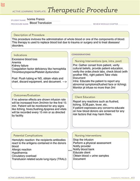 Blood transfusion template - ACTIVE LEARNING TEMPLATES THERAPEUTIC ...