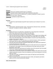 Lab 14 : Determining the specific heat of aluminum.docx - Lab 14 ...