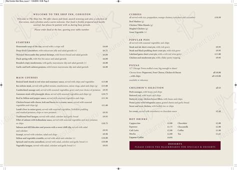 Menu at The Ship, Coniston pub & bar, Coniston