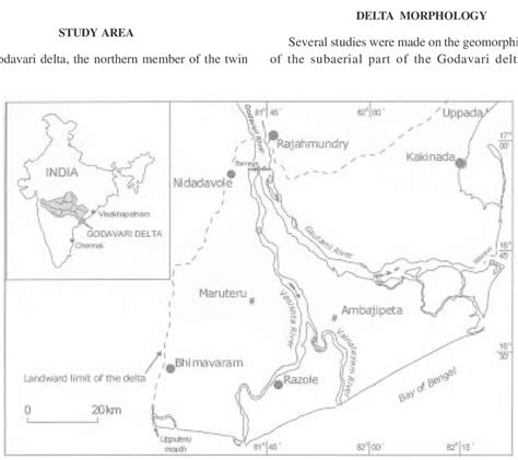 Map showing the subaerial extent of the Holocene Godavari delta. The ...