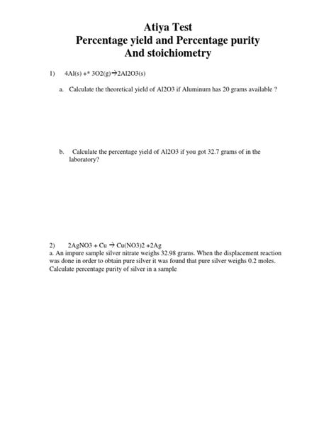 Percentage Yields, Percentage Purity, and Stoichiometry Calculations: Worked Examples Involving ...