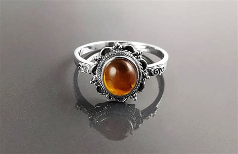 Amber Ring, Sterling Silver, Genuine Cognac color Amber Ring, Dainty Stone Ring, Midi Oval Ring ...