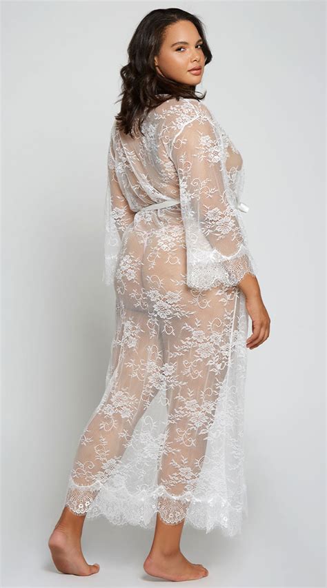 Plus Size All Over The Lace Robe, White Sexy Bridal Robe Lingerie-Yandy.com