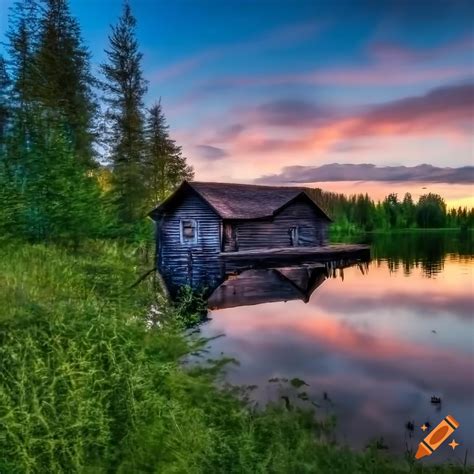 Lake sunset with bench in green meadow near a wood cabin, hdr image on ...