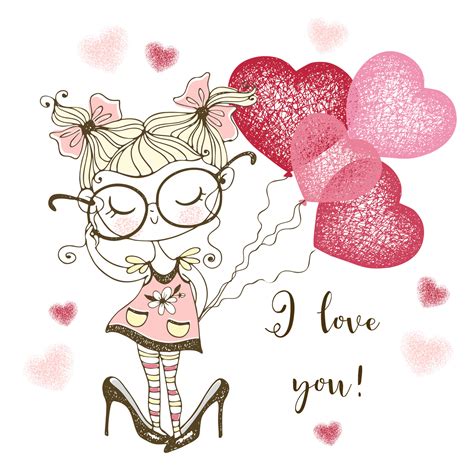 A Valentine's Day card. Cute girl with balloon hearts. I love you. Vector. 4607031 Vector Art at ...