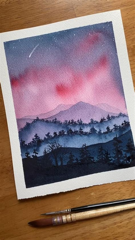 a watercolor painting of the night sky with mountains in the background and stars above