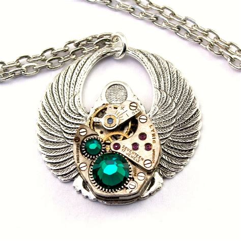 Steampunk Necklace - Beautiful Clockwork Scarab Design & Dark Emerald ...