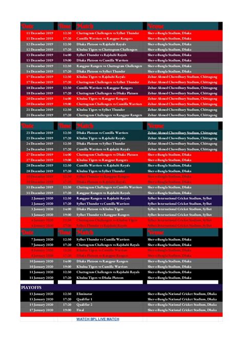 BPL 2019-20 MATCH SCHEDULE