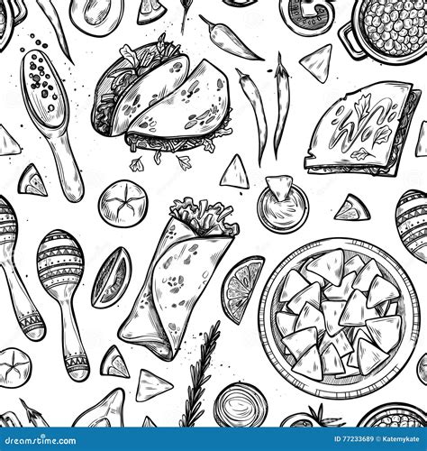 Fondo Dibujado Mano Del Vector - Comida Mexicana Ilustración del Vector ...