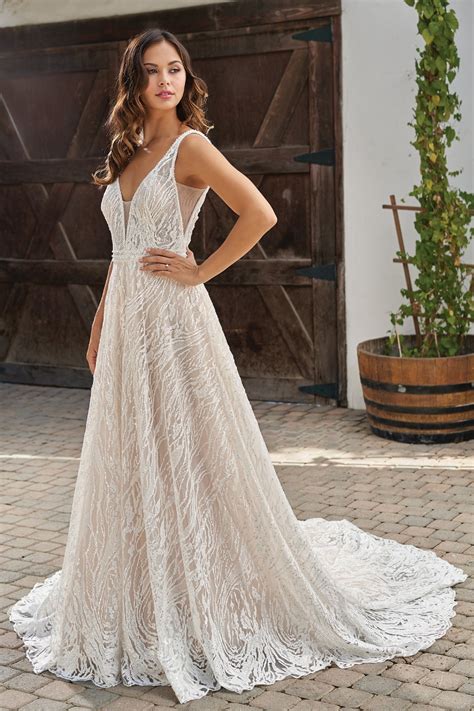 T212010 Romantic Embroidered Lace A-line Wedding Dress with V-Neckline