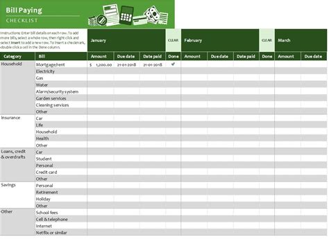 Bill Paying Checklist Template In Excel (Download.xlsx)