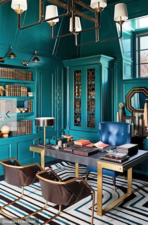 Home office with bright teal walls | Elle decor, French style interior ...