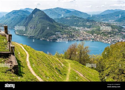 Scenic view of lake Lugano with Monte San Salvatore and Lugano town from Monte Bre, Ticino ...