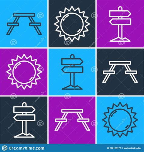 Set Line Picnic Table with Benches, Road Traffic Signpost and Sun Icon. Vector Stock Vector ...
