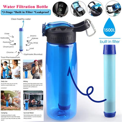 Portable Survival Water Filter Straw Purifier Bottle Camping Emergency Outdoor | eBay