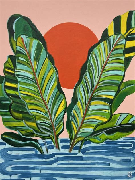 Banana Leaf Sunrise Painting by Jelly Chen | Saatchi Art