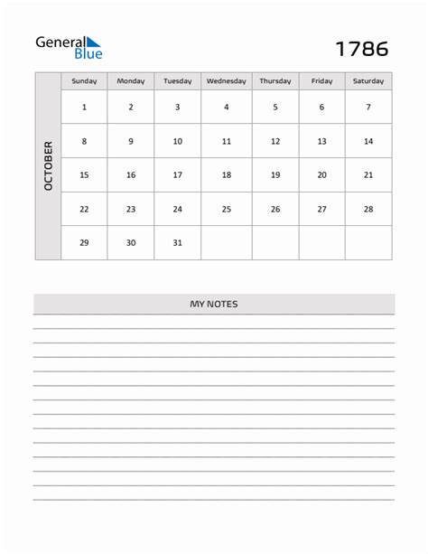 October 1786 Printable Monthly Calendar with Notes