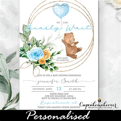 Teddy Bear Baby Shower Invitations, Blue Balloon - Cupcakemakeover