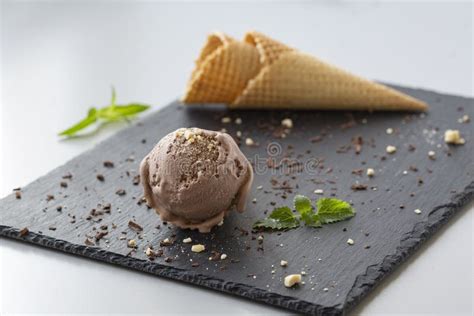 Chocolate Ice Cream with Nuts and Mint Stock Image - Image of cold ...