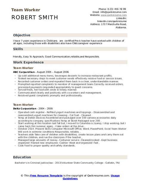 Team Worker Resume Samples | QwikResume