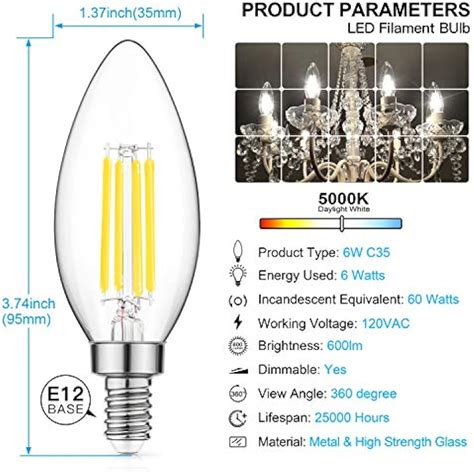 Dimmable LED Candelabra Bulb 60W Equivalent 5000K Daylight White 6W ...