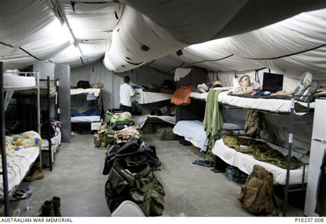 Interior of the tent accommodation on Ali Al Salem Air Base, Kuwait. One of a series of ...