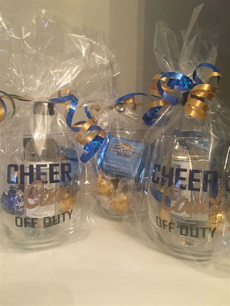 Cheerleading coach gift Cheer coach off duty glass filled with blue & gold foil wrapped ...