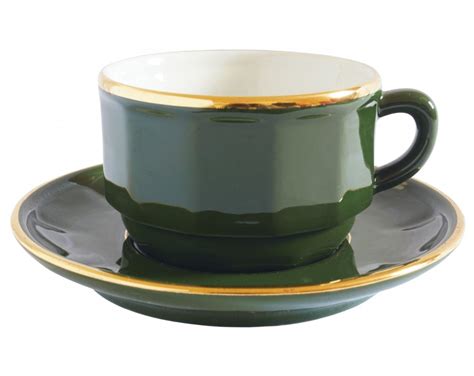Nivag Crockery: Apilco - Green and Gold Bistro: Set of 2 Coffee Cups and Saucers
