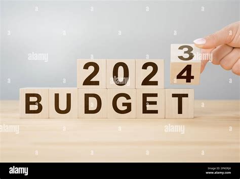 Business concept of planning 2024. Businessman flips wooden cube and changes words BUDGET 2023 ...