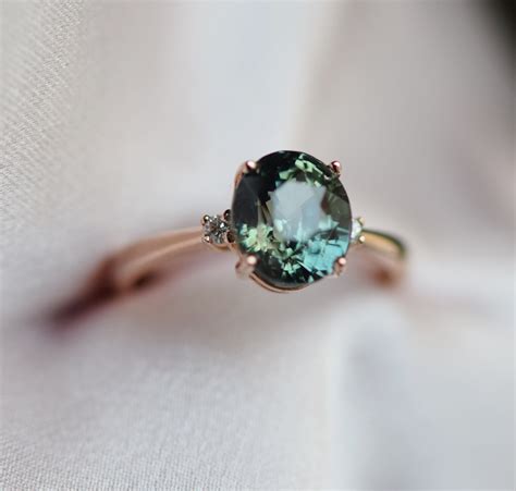 3 stone Green sapphire ring. Engagement Ring. Rose gold engagement ring Bi-color Sapphire ring 3 ...