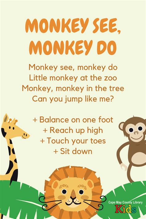 Monkey Storytime Rhyme | Kindergarten songs, Classroom songs, Preschool ...