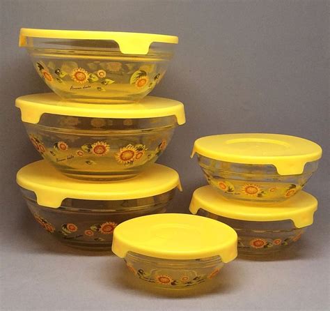 Yellow Sunflowers Flower Dute Round Covered Nesting Bowls x6 Set Imperial Glass #ImperialGlass ...