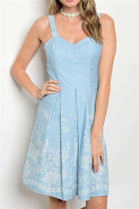 Carolina Blue Sun Dress, Floral Embroidery Print, Sweetheart Neckline ...