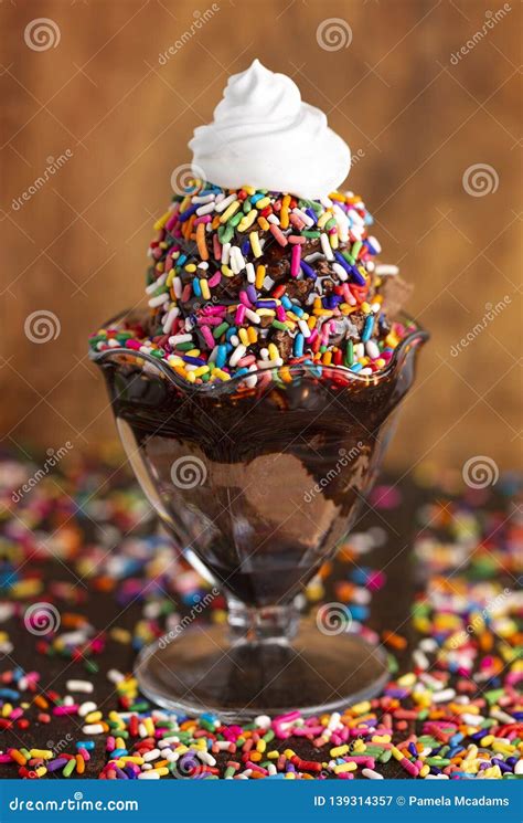 Chocolate Ice Cream Sundae with Chocolate Syrup and Rainbow Sprinkles ...