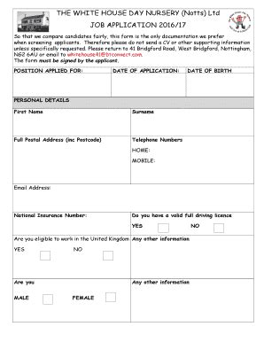 Fillable Online THE WHITE HOUSE DAY NURSERY (Notts) Ltd JOB Fax Email ...