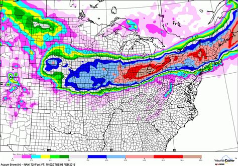 72 hour NAM snowfall map. Band of 12+ inches of snow stretching 1000 ...