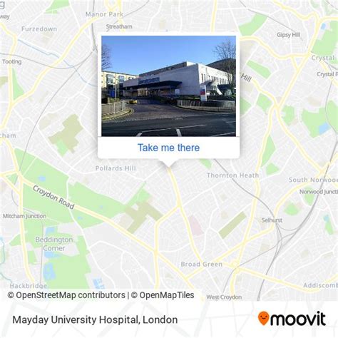 How to get to Mayday University Hospital in Thornton Heath by bus or train?