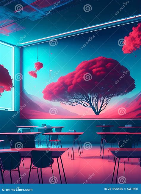 3d Render of Interior of Modern Cafe with Blue and Pink Lighting Stock Illustration ...