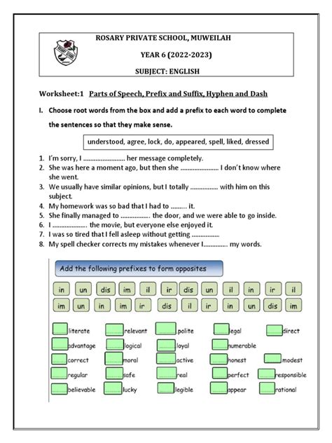 Worksheet For Parts of Speech, Prefixes and Suffixes and Hyphen and Dash | PDF | Word | Adverb