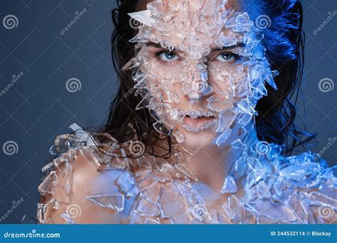 Female Face Covered with a Lot Small Pieces of Glass or Ice Stock Photo - Image of girl, crumble ...