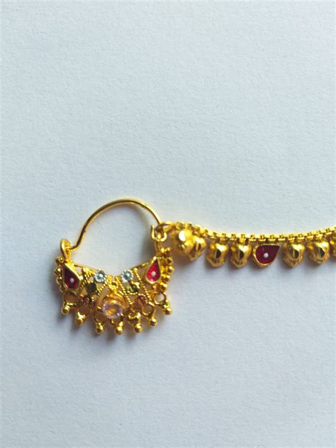 Decorated Indian Nath With Chain Wedding Jewellery Gold Plated Nostril Ethnic Piercing Fashion ...