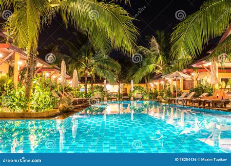 Night View of Beautiful Swimming Pool in Tropical Resort Stock Photo - Image of chair, outdoor ...