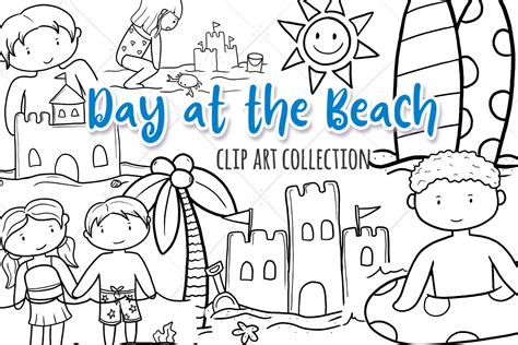 Fun Day at the Beach Digital Stamps Set Cute Kids Beach Black and White ...