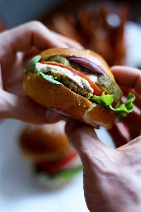 Vegan Falafel Burger with Tahini Sauce and Sweet Potato Fries • Happy Kitchen.Rocks