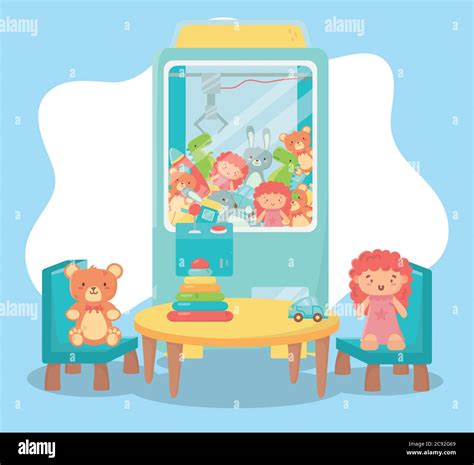 kids toys object amusing cartoon teddy picker machine table chairs with doll bear car vector ...