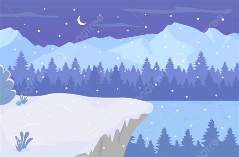 Night On Frozen Lake Flat Color Vector Illustration Background, Area ...