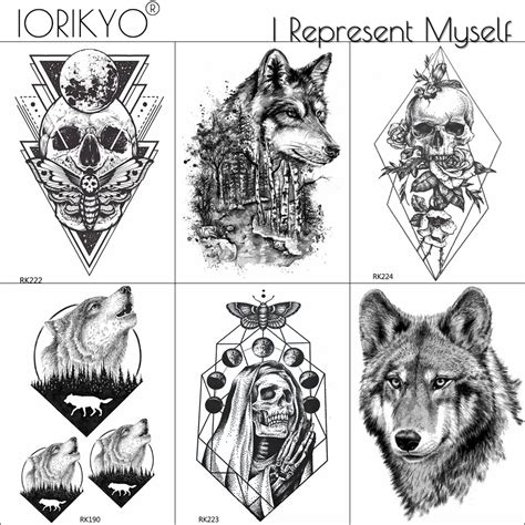 Fake Black Geometric Temporary Tattoo Men Fashion Arm Wolf Tatoo Women Body Chest Triangle Skull ...