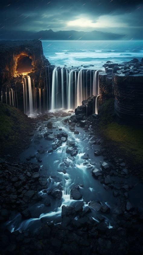 an image of a waterfall at night time