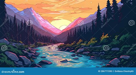 Panoramic View of Beautiful Nature Landscape. Colorful Cartoon Style Illustration, Horizontal ...